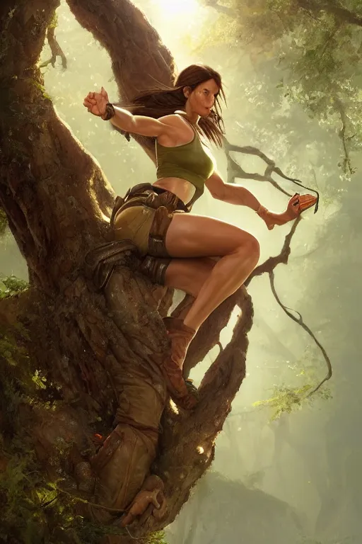 Image similar to lara croft sitting in a lotus position on a tree, foggy, close up, full body, backlit, oil painting, sunlit, paint texture, digital painting, highly detailed, artstation, sharp focus, illustration, concept art, ruan jia, charlie bowater, tom bagshaw, norman rockwell