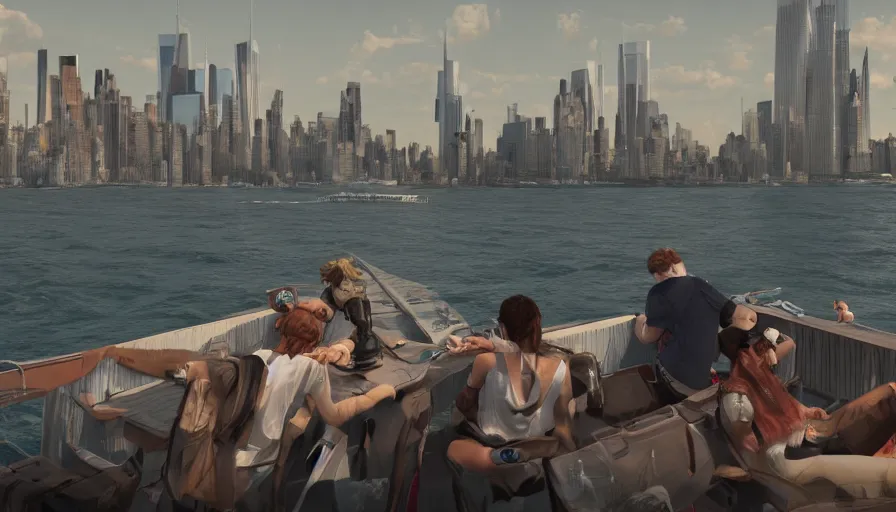 Prompt: Movie scene of people on a boat watching New York city burning far away, hyperdetailed, artstation, cgsociety, 8k