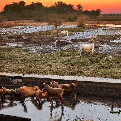 Prompt: National Geographic photograph of a sewage river with feces and goats at dawn