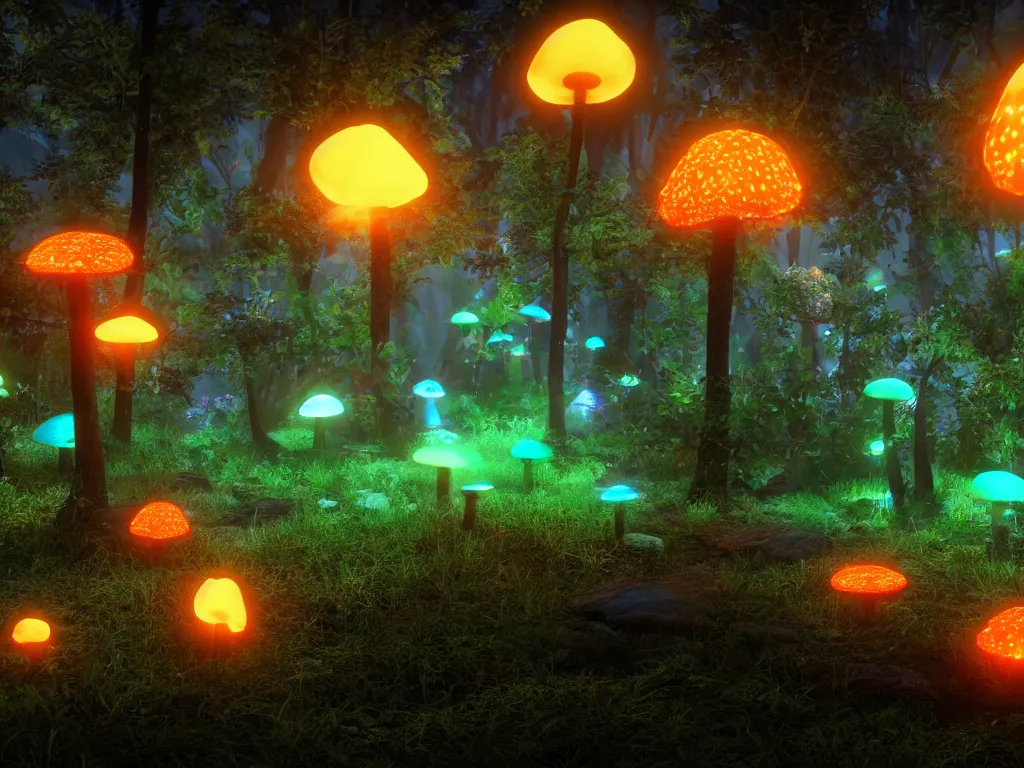 Image similar to many large bioluminescent mushrooms with glowing spores, unreal engine 5, uhd wallpaper 8k