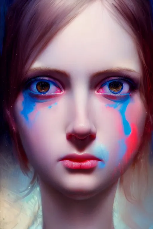 Prompt: a very pale skinned girl with deep blue eyes crying, neon pink tears, close up, highly detailed, intricate, sharp focus, subsurface scattering, art by caravaggio, greg rutkowski, sachin teng, thomas kindkade, ruan jia, norman rockwell, tom bagshaw.