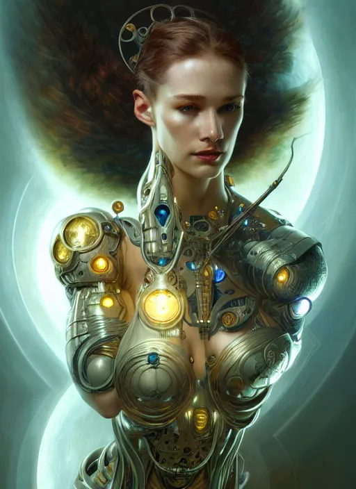 Image similar to cyborg recharging, diffuse lighting, fantasy, intricate, elegant, highly detailed, lifelike, photorealistic, digital painting, artstation, illustration, concept art, smooth, sharp focus, art by John Collier and Albert Aublet and James jean and Brian froud and ross tran and Artem Demura and Alphonse Mucha