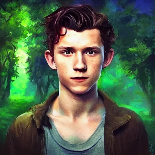 Image similar to Tom Holland as the lost boy from neverland,green eyes,blue shirt,detailed, 8k hd,by rossdraws and greg rutkowski,in the style of a Instagram profile picture