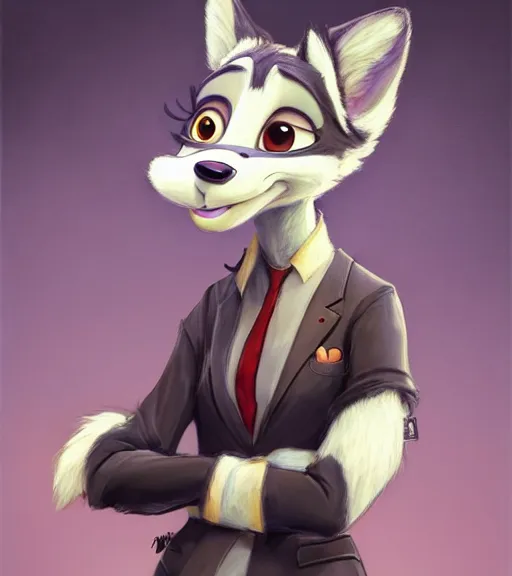 Image similar to oil painting of detailed full body of anthromorphic female wolf, in style of zootopia, zootopia, zootopia, fursona, furry, furaffinity, 4 k, deviantart, furry art, fursona art, wearing black business suit, business suit, in style of zootopia, wolf fursona, cyberpunk, female, expressive detailed feminine face,