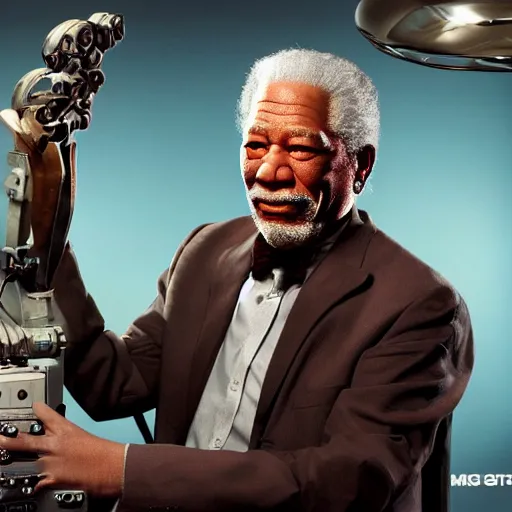 Prompt: animatronic Morgan Freeman, exposed mechanics, photo, Stan Winston studios, detailed, 4k