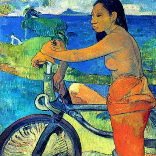 Prompt: painting of a bicycle in french polynesia by gauguin