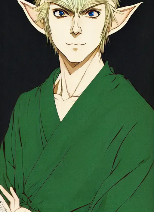 Image similar to half body portrait of a handsome blonde elf male diplomat in green and sliver tunic. detailed, wearing kimono armour, by conrad roset, takato yomamoto, jesper ejsing, masamune shiro