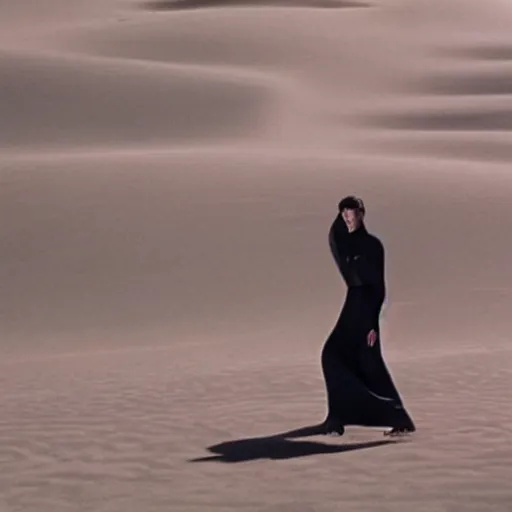 Image similar to fashion editorial photography of a Balenciaga model in Denis Villenue's DUNE, cinematography by roger deakins, Paul thomas Anderson