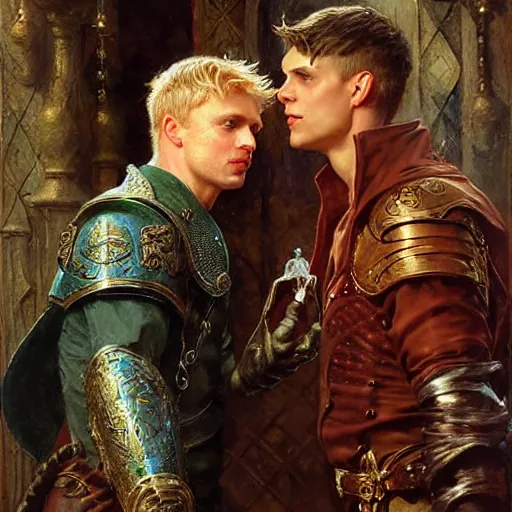 Image similar to attractive arthur pendragon with attractive male merlin the mage. they are in love. highly detailed painting by gaston bussiere, craig mullins, j. c. leyendecker