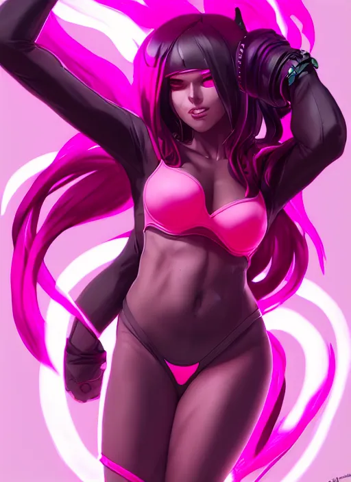 Image similar to lilith, wide angle view, neon pink and black color scheme, highly detailed, artgerm, cushart krenz, king of fighters style, trending on artstation, soft light, sharp edges, illustration, character design, concept art