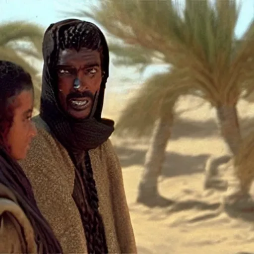 Image similar to a sand wraith talking with a handsome tuareg, movie still amazing