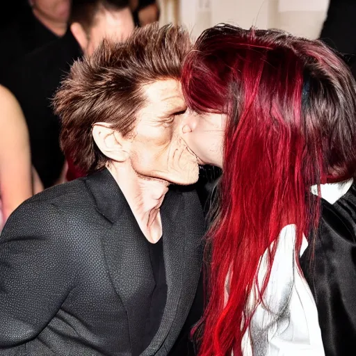 Image similar to willem dafoe kissing billie eilish in a bed