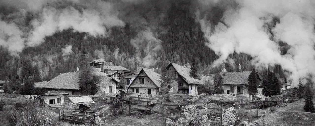 Image similar to 1920s black and white photography of an isolated old village with ghostly wood buildings in the dolomites, big tyrolean solstice fire