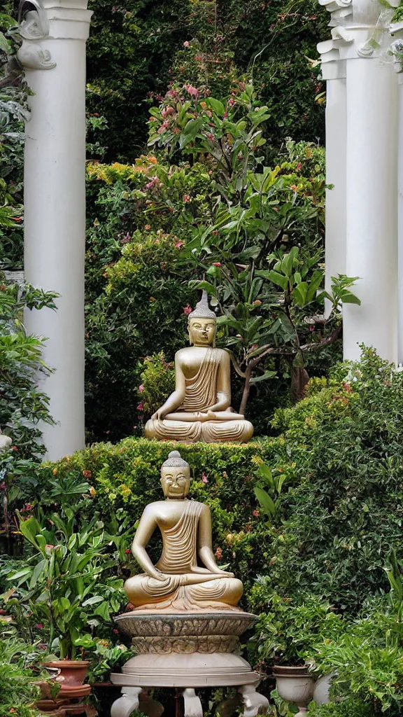 Prompt: a huge buddhism rabbit statue beside a persian pot in botanical room by john singer sargent