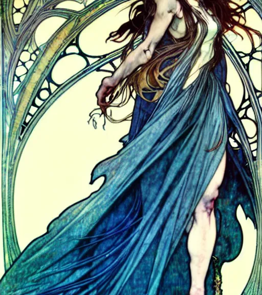 Image similar to in the style of artgerm, arthur rackham, alphonse mucha, phoebe tonkin, symmetrical eyes, symmetrical face, flowing blue skirt, hair blowing, full body, intricate filagree, hidden hands, warm colors, cool offset colors