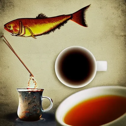 Image similar to photomanipulation of a supernatural fish drinking a cup of tea by a straw.