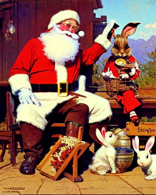 Image similar to easter bunny and santa having tea at high noon, painting by gaston bussiere, craig mullins, j. c. leyendecker, norman rockwell