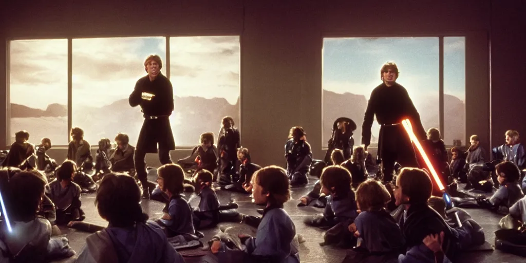 Image similar to A full color still of Mark Hamill as Jedi Master Luke Skywalker training a room full of young Jedi padawans, with large windows showing a sci-fi city outside, at dusk at golden hour, from Star Wars, directed by Steven Spielberg, 1990