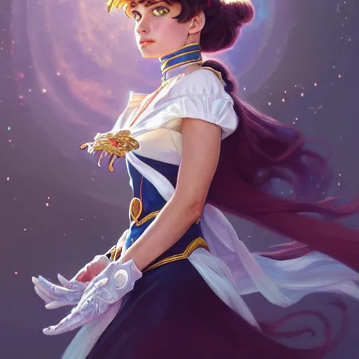 Image similar to Charlotte Casiraghi as Sailor Moon, western, D&D, fantasy, intricate, elegant, highly detailed, digital painting, artstation, concept art, matte, sharp focus, illustration, art by Artgerm and Greg Rutkowski and Alphonse Mucha