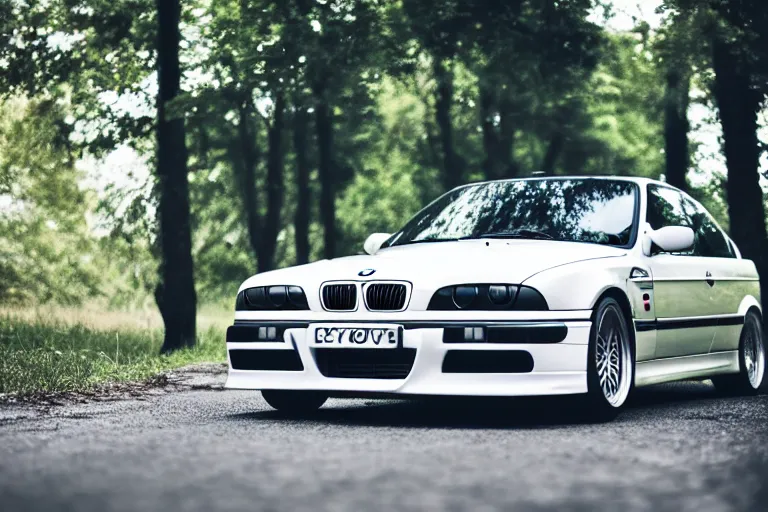 Image similar to A BMW e36 parked in a road with trees, summer season, Epic photography, taken with a Canon DSLR camera, 50 mm, depth of field