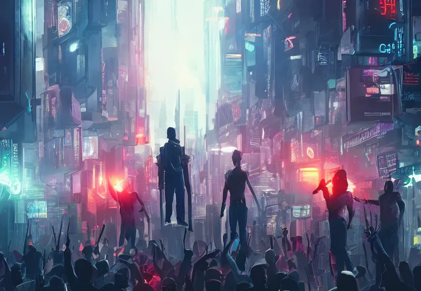 Image similar to angry protesters holding placards, digital illustration by greg rutkowski, android netrunner, cyberpunk city background, colored lighting