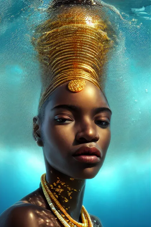 Image similar to hyperrealistic precisionist cinematic half underwater scene very expressive! translucent elegant african goddess full body, gold jewerly, highly detailed face, digital art masterpiece, aykut aydogdu eric zener, dramatic volumetric light, long shot, low angle uhd 8 k, sharp focus