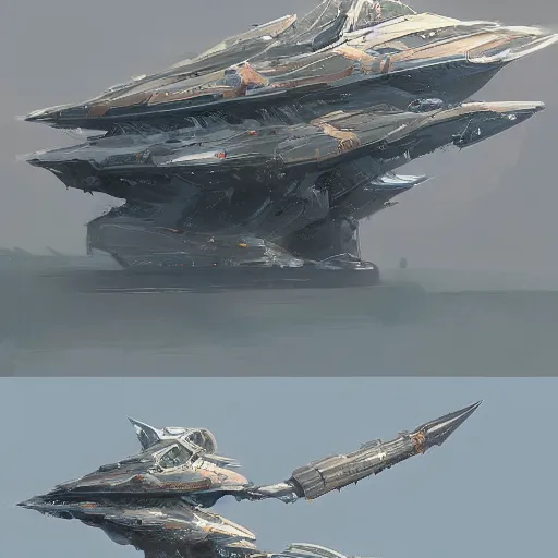 Image similar to concept art of a large space vessel in the shape of an spear by paul chadeisson