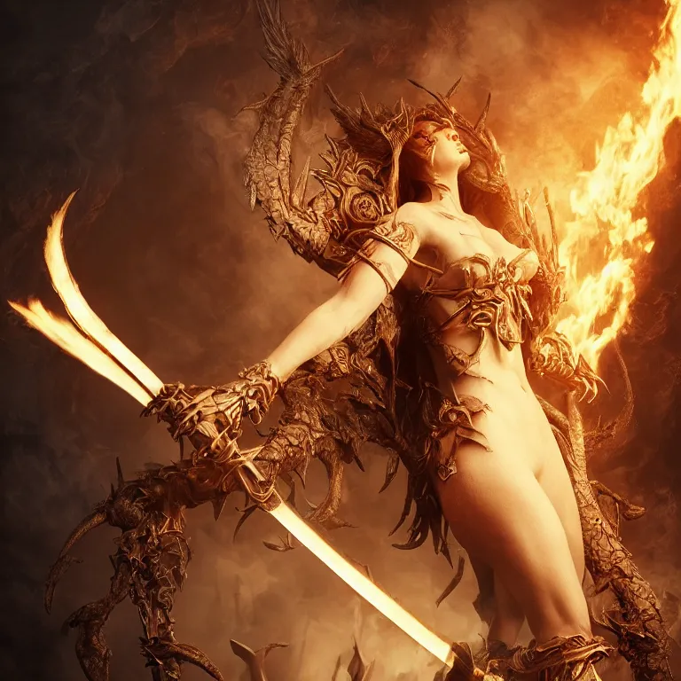 Prompt: beautiful demoness rising from the ash holding the burning swords of an angel, realistic rendering, octane render, unreal engine, 8 k highly detailed, intricate details, vray, highly detailed, luxury, fractal, golden ratio, elegant, epic, style by greg rutkowski, cinematic lighting