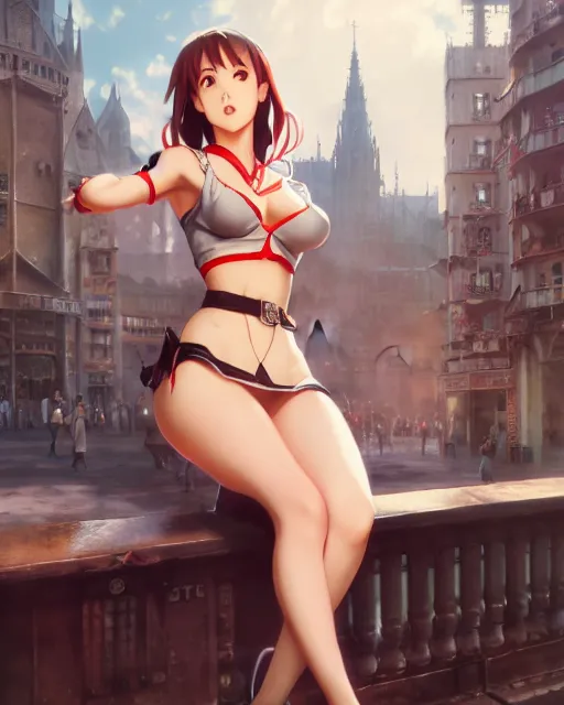 Image similar to pinup photo of asuna in the crowded square of the city, asuna by a - 1 pictures, by by greg rutkowski, artgerm, gil elvgren, enoch bolles, glossy skin, pearlescent, anime, very coherent, maxim magazine, 3 d, vray, unreal 5, maya