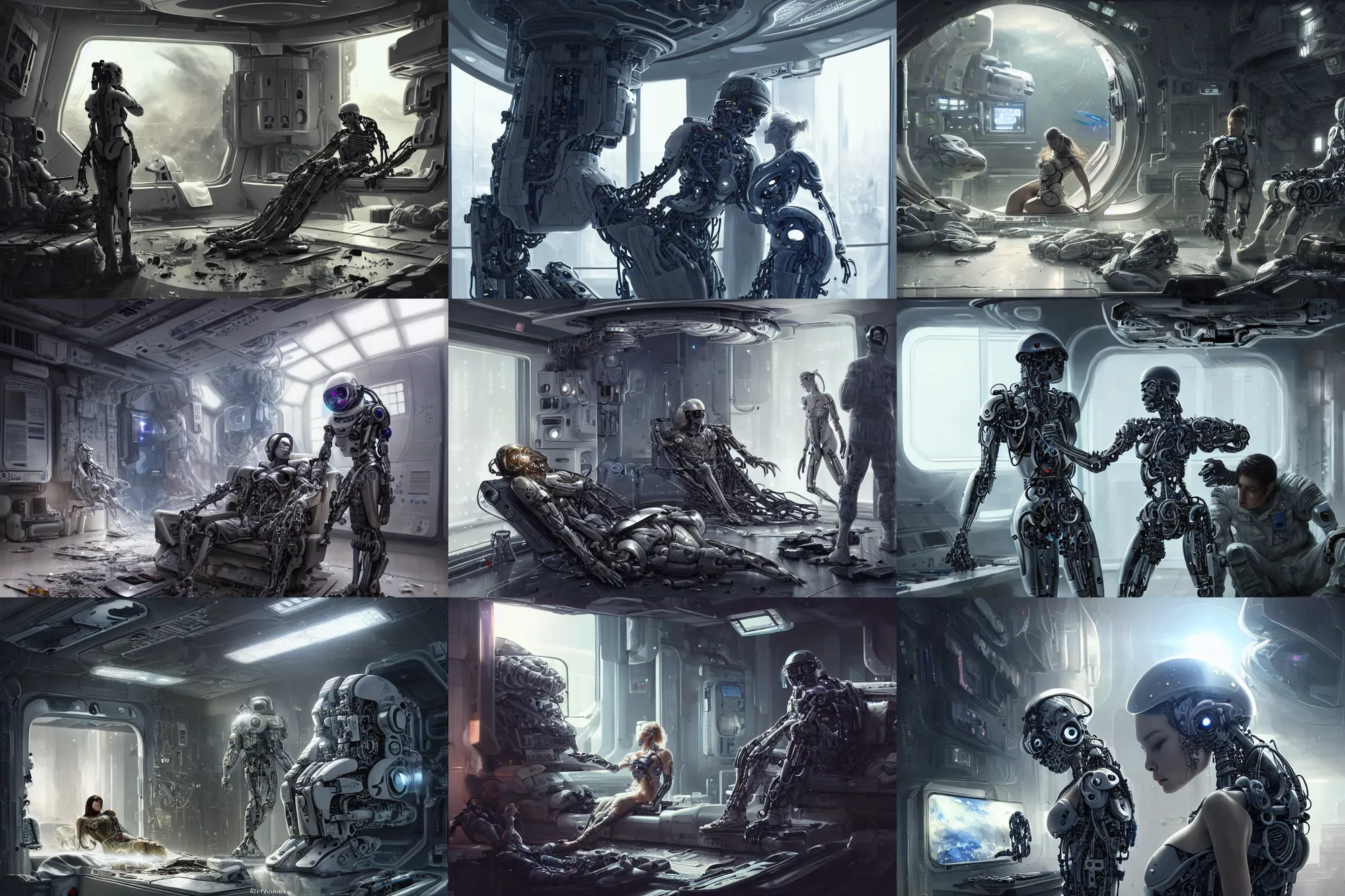 Prompt: Ultra realistic illustration, beautiful alluring damaged cyborg being put back together in an super advanced military medical bay, in a crashed spaceship, while a beautiful alluring astronaut soldier looks on, cyberpunk, sci-fi, fantasy, intricate, elegant, highly detailed, digital painting, artstation, concept art, smooth, sharp focus, illustration, art by Yintion J - Jiang Geping and artgerm and KyuYong Eom and alphonse mucha