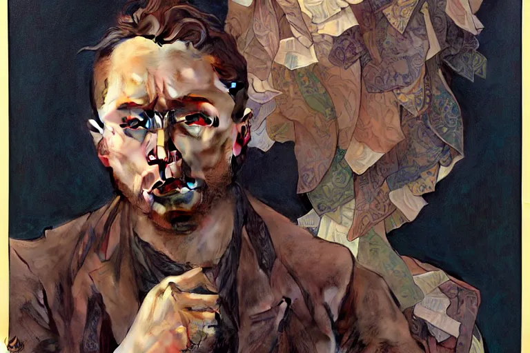 Image similar to hyper realistic portrait of thom thom thom thom singer songwriter, by lee bermejo, alphonse mucha and greg rutkowski