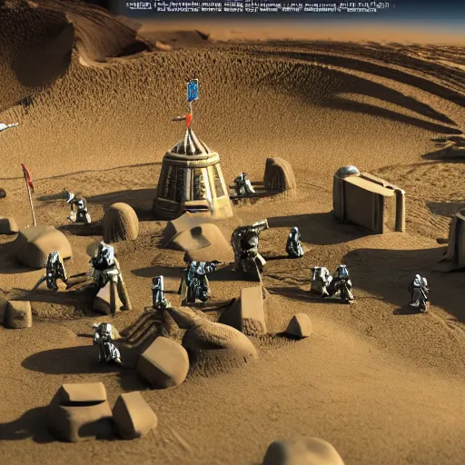 Image similar to 1:16 scale miniature diorama of Warhammer 4K space@marines building a sandcastle in the desert, 3D rendered, unreal engine