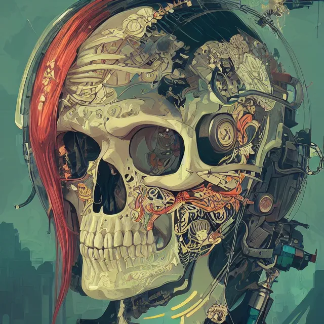 Prompt: a beautiful painting of a cyberpunk skull by sachin teng and pascal blanche and alphonse mucha and nekro and josan gonzalez. in style of vector art. film noirs, brush stroke, vibrating colors, hyper detailed. octane render. trending on artstation