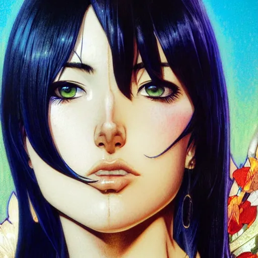 Image similar to highly detailed vfx portrait of nico robin by eiichiro oda, makoto shinkai, alphonse mucha, sharp focus, art by artgerm and greg rutkowski!, backlit, harsh overhead sunlight, blue eyes!!, aquiline nose!!, stanley kybric, kaoru mori, detailed, best of behance,