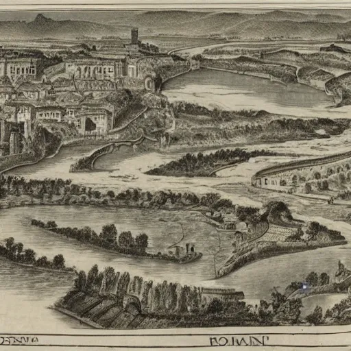 Prompt: A roman city sits in the wide bend of a river. A road and a bridge transverse the city and rushing rapids, with swamps and trees to the south. in the style of a map. parchment. ink.