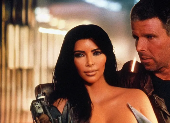 Prompt: a movie still of kim kardashian sitting with rick deckard in blade runner