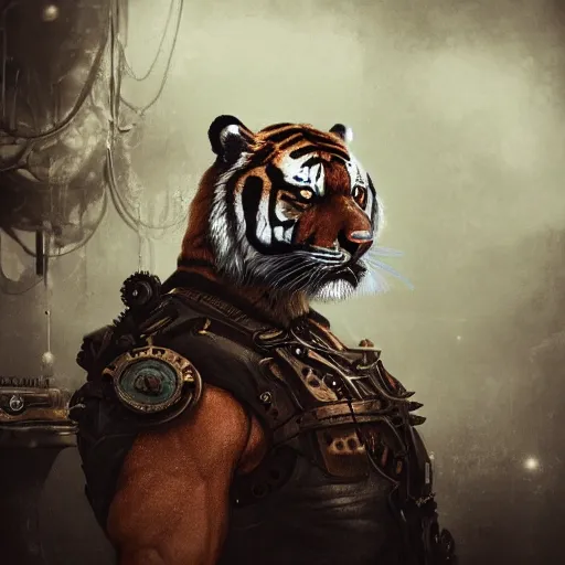 Prompt: Dream, tiger, gears, steampunk. portrait, crown, environment