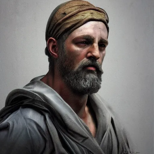 Prompt: dramatic painting of zeus as a tarkov player, painterly, caravaggio, 3 d render, detailed face