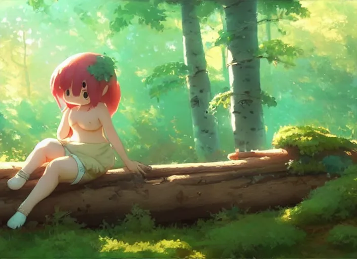 Image similar to a small, cute and chubby mushroom creature, she's sitting on a log in an aspen forest, atmospheric lighting, sun rays through the trees, by makoto shinkai and krenz cushart