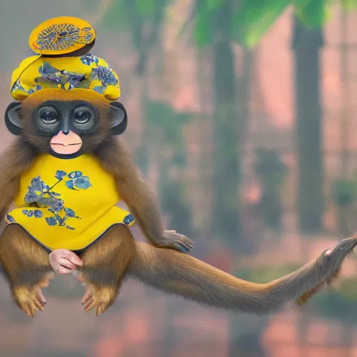 Image similar to a monkey wearing a yellow kimono, 8 k