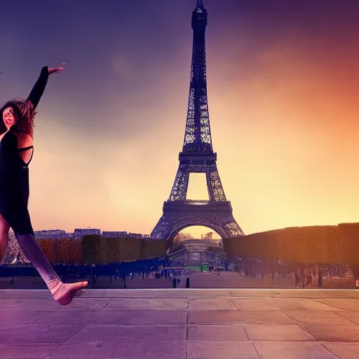 Prompt: !dream an 18 year old woman dancing in front of the eiffel tower in the year 2154, dramatic lighting