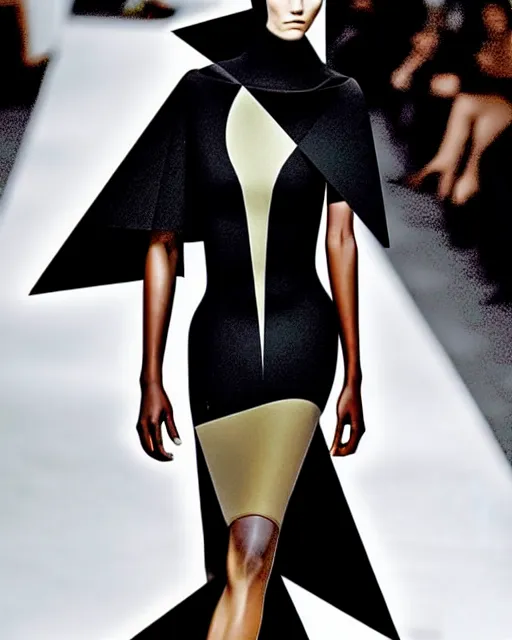 Image similar to a model walks down the runway in a black dress, a cubist painting by alexander mcqueen, trending on pinterest, vorticism, androgynous, biomorphic, geometric