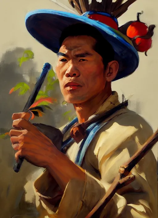 Image similar to greg manchess side portrait of a filipino fighter wearing a jester hat sitting on a tank holding a staff, organic painting, sunny day, matte painting, bold shapes, hard edges, street art, trending on artstation, by huang guangjian, gil elvgren, ruan jia, randy vargas, greg rutkowski