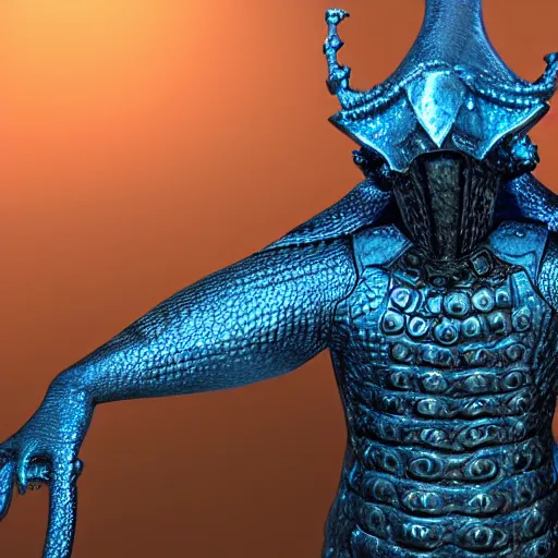 Image similar to detailed hypperrealistic artstation render, full body front view of a scaly black cloaked man, wearing a metallic blue squid mask. he holds in his hand a large knights blue greatsword, in addition tentacles emerge from his back like wings