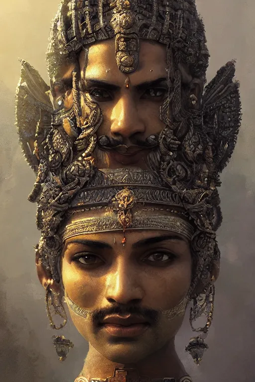 Image similar to indian god, close - up portrait, powerfull, intricate, elegant, volumetric lighting, scenery, digital painting, highly detailed, artstation, sharp focus, illustration, concept art, ruan jia, steve mccurry