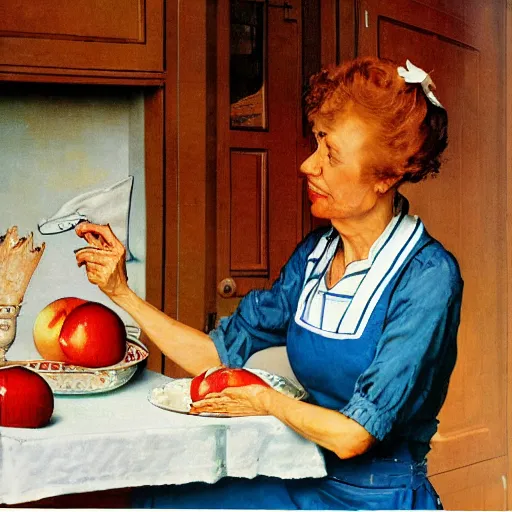 Image similar to housewife putting a hot apple pie on kitchen table, light blue dress, apron, sticking up her middle finger, artwork of norman rockwell