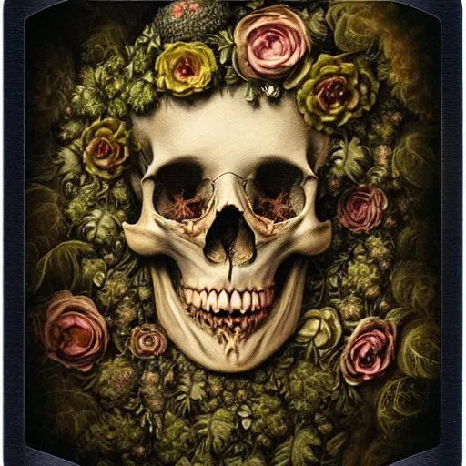 Image similar to a beautiful detailed front view rococo portrait of a rotten woman corpse becoming almost a skull with fractal plants and fractal flowers and mushrooms growing around, intricate, ornate, volumetric light, beautiful lit, polaroid photography, the northman