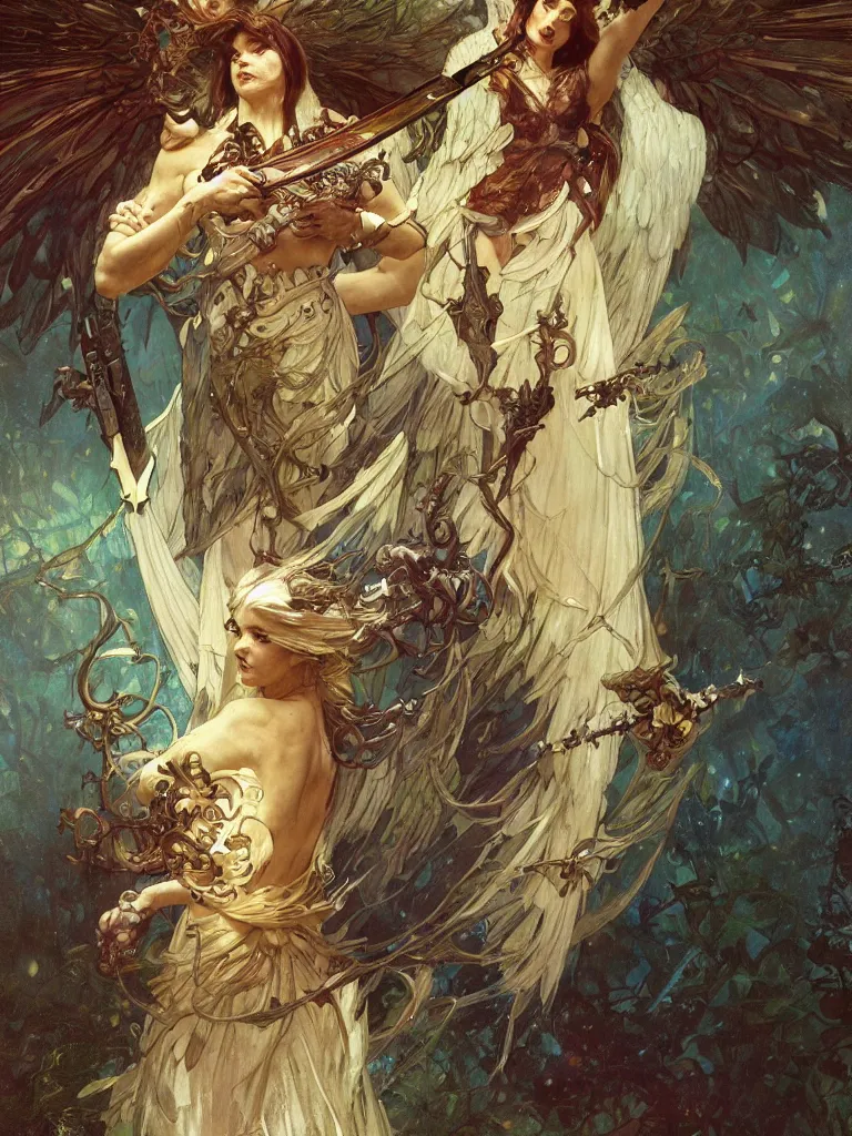 Image similar to an image of a terrifyingly beautiful angel of paradise wielding an electrified sword, by Stanley Artgerm Lau , greg rutkowski, thomas kindkade, alphonse mucha, loish, norman Rockwell