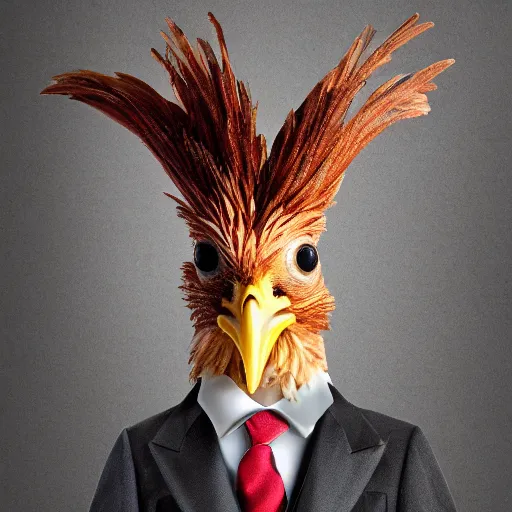 Image similar to a high quality photo of a chicken wearing a suit, 8k, Greg Rutkowsky