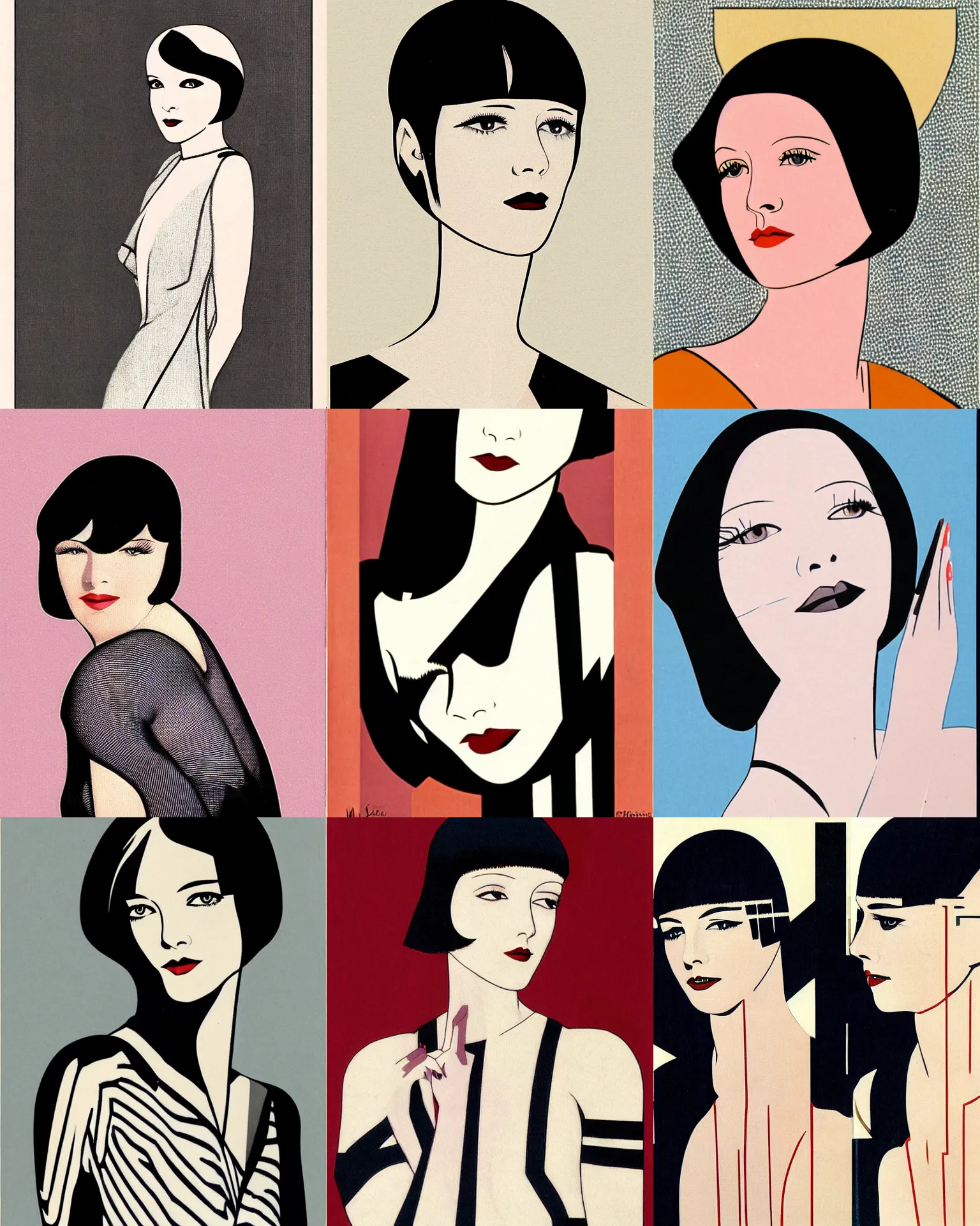 Prompt: Mary Louise Brooks 25 years old , bob haircut, portrait by Patrick Nagel, 1920s, straight lines, art deco stripe pattern